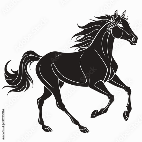 A striking black and white silhouette depicts a majestic horse in mid stride showcasing its powerful musculature and flowing mane high quality