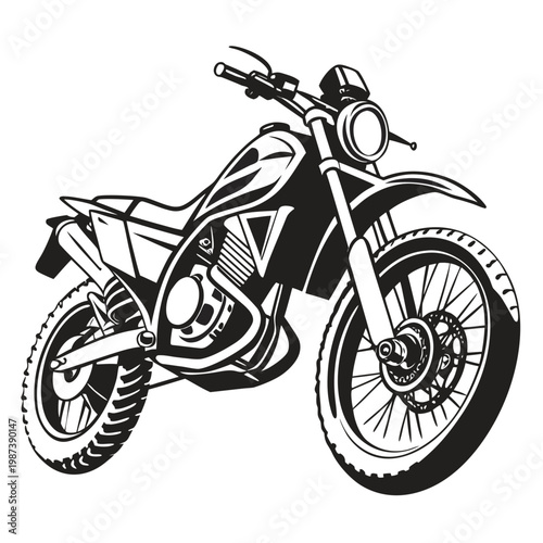 A detailed black and white illustration showcases a stylized off road motorcycle with prominent features and dynamic design elements high quality professional