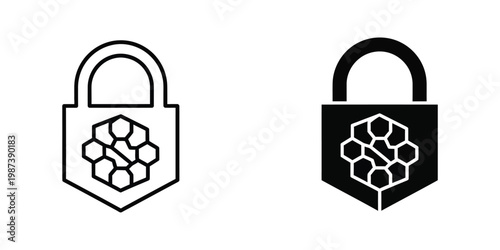 Contrasting padlock icons featuring blockchain or network hexagon patterns in white and black.