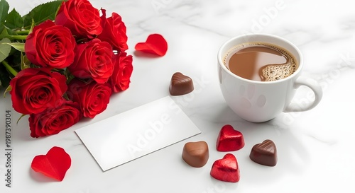 Beautiful red roses with heartshaped chocolates and a cup of coffee arranged on a marble surface