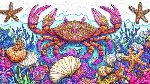 Bright, colorful drawing of a crab and sea life in an underwater setting