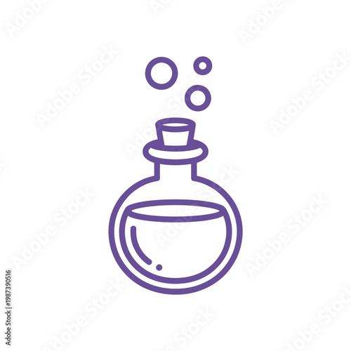 A simple line drawing depicts a purple potion bottle with bubbles rising