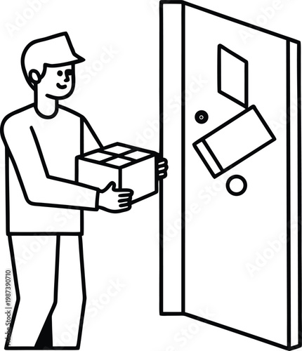 Delivery man holding package and approaching front door with mail slot