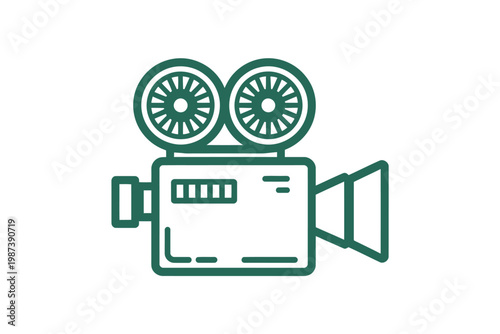 A teal colored outline of a vintage film camera a classic symbol of filmmaking