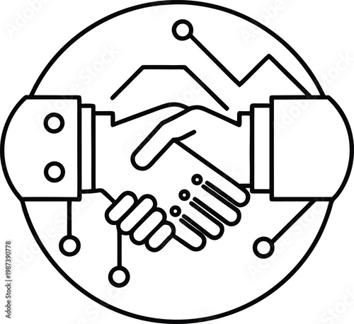 Handshake between human and robot in a circle with circuit lines