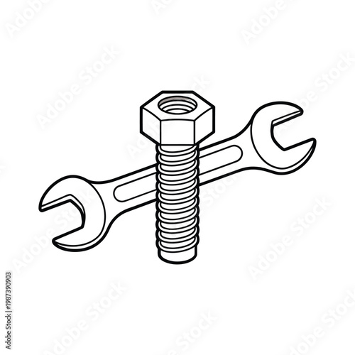 A black and white illustration depicting a bolt nut and wrench crossing each other