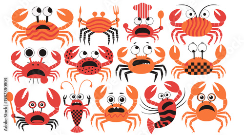 Cartoon crabs and lobsters with utensils and plates