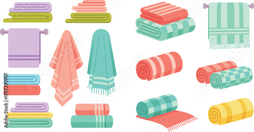 Colorful Towel Set Collection with Folded, Hanging, and Rolled Bath Towels in Various Styles for Bathroom, Spa, and Textile Design