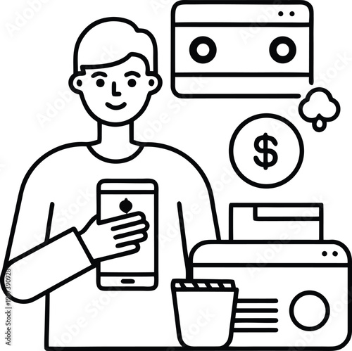 Man using smartphone for online banking and financial transactions with icons