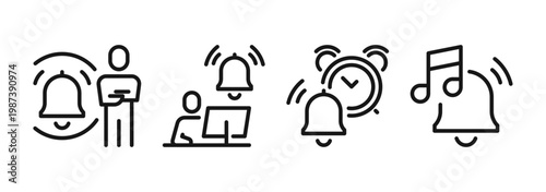 Notification alert icons and symbols set, warning signs, ringing alarm, attention message, caution notification and emergency reminder elements linear outline design elements flat vector illustration.