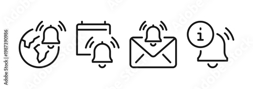 Notification alert icons and symbols set, warning signs, ringing alarm, attention message, caution notification and emergency reminder elements linear outline design elements flat vector illustration.
