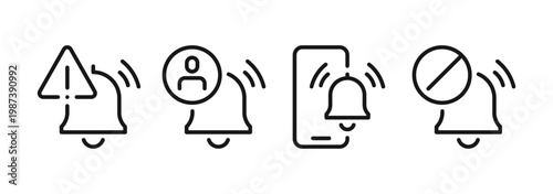 Notification alert icons and symbols set, warning signs, ringing alarm, attention message, caution notification and emergency reminder elements linear outline design elements flat vector illustration.