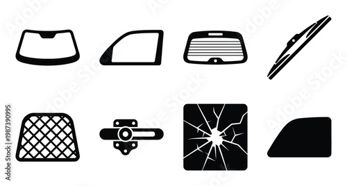 Car glass and window parts set collection silhouette for automobile and vehicle isolated on white background vector