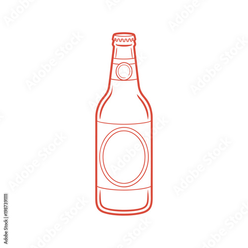 A simple red line drawing depicts a classic glass beer bottle with a cap