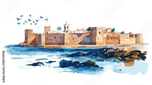 Essaouira. Essaouira hand drawn watercolor illustration on white background