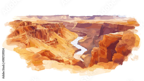 Fish River Canyon. Fish River Canyon hand drawn watercolor illustration on white background