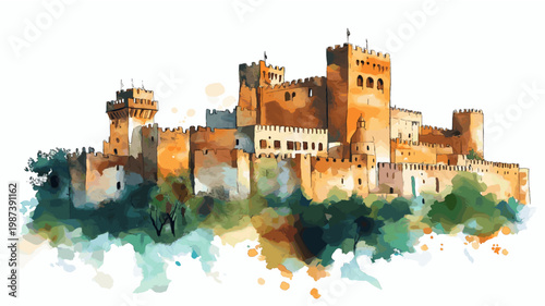 Gondar Castles. Gondar Castles hand drawn watercolor illustration on white background