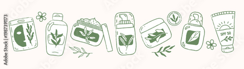 Organic cosmetics line icons with skincare bottles jars tube and face mask in green outline style. Natural beauty products logo leaves for eco brand packaging design and advertising projects