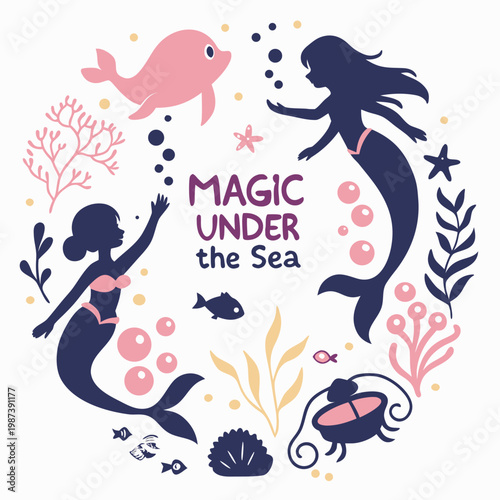 Mermaid underwater world vector illustration with magical sea creatures and ocean plants art