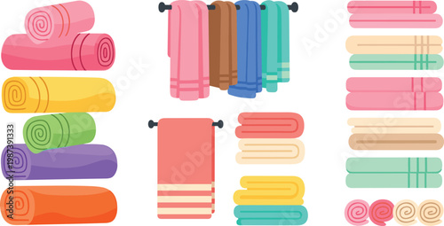 Colorful Towels Collection with Rolled Folded and Hanging Bath Textiles Set for Bathroom Spa and Hygiene Flat Vector Illustration