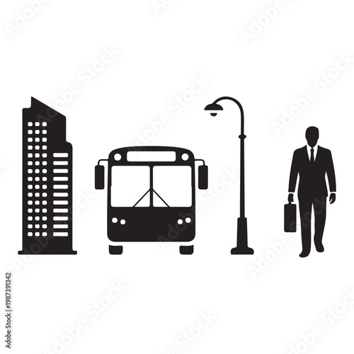 Urban transport icon bundle building bus pedestrian street light illustration design