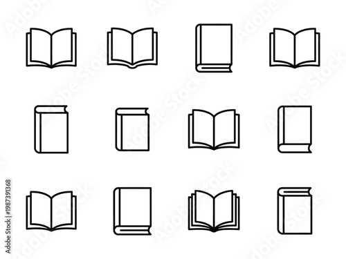 Set of book icons showing open and closed hardcover books for education and literature concepts with education literature learning knowledge information hardcover textbook dictionary isolated
