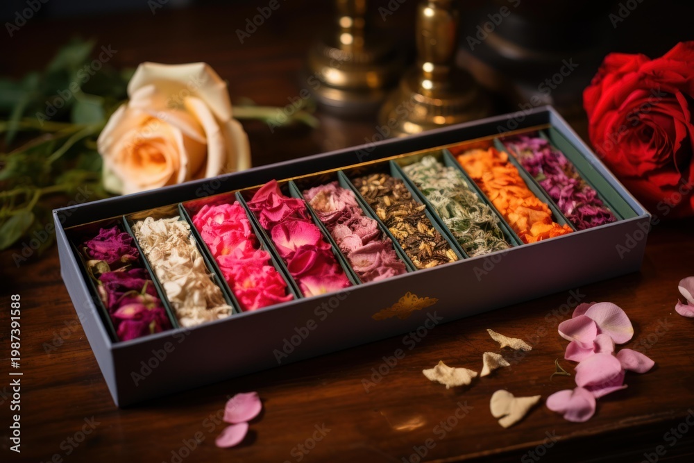 Fototapeta premium Dried flower petals and herbal ingredients filling compartments in a gift box on a wooden table