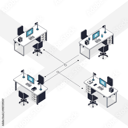 Modern Office Desks Connected by Network Lines.