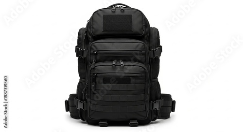 Fotografie Large black tactical backpack with multiple zippers and pockets isolated on whit