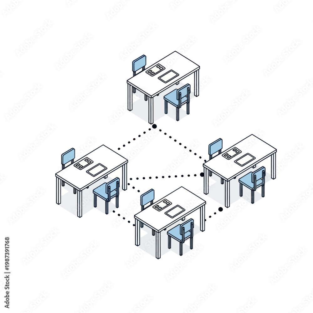 Naklejka premium Modern Office Setup with Connected Desks and Chairs.