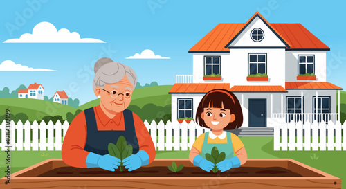 Grandmother and Granddaughter Planting Together in a Sunny Garden Next to Their House