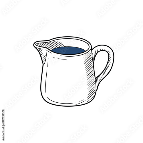 A simple sketch depicts a white creamer pitcher filled with dark blue liquid