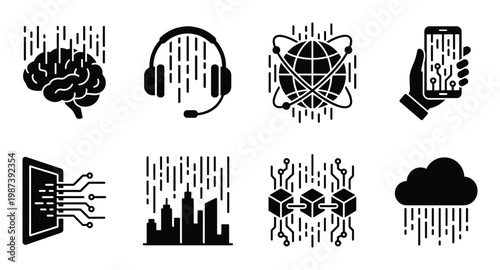 Collection of artificial intelligence and digital technology icons including brain, headphones, and city