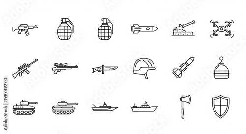 A collection of military icons and symbols in a minimalist line art style