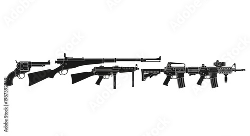 A collection of various firearms in a flat, minimalist vector graphic design