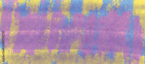 Neon pop punk grunge paint background with urban halftone texture. Yellow and purple colors. Graffiti paintbrush banner texture.