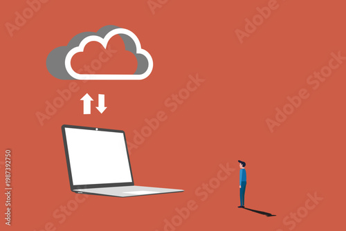 Businessman looking data for download and uploading files. concept of transferred documents to server, copy files, data exchange, backup, saving document in storage, digital data