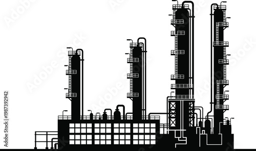 Oil refinery plant vector illustration, industrial petrochemical factory silhouette, energy production   