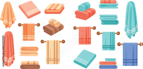 Colorful Bathroom Towel Collection with Folded, Rolled, and Hanging Towels in Various Styles for Spa, Home, Laundry, and Textile Design Illustration