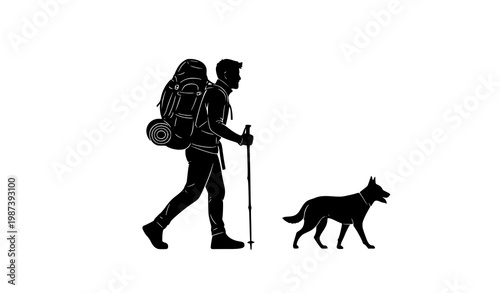 Hiker Silhouette with Backpack and Dog Walking Outdoors Vector Isolated on White Background