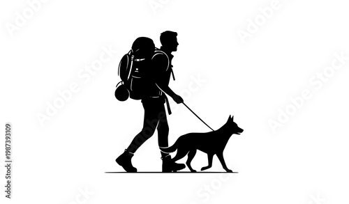 Hiker Silhouette with Backpack and Dog Walking Outdoors Vector Isolated on White Background