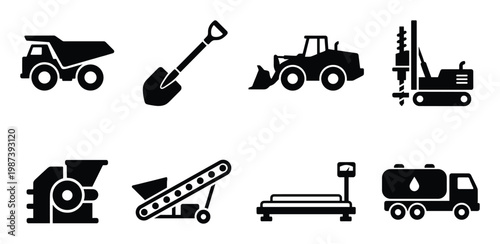 Construction heavy vehicles and equipment set isolated on white background for industry and transport vector