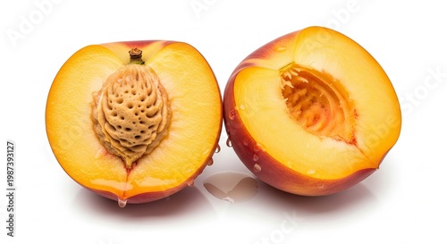 Halved peaches with pits on white background