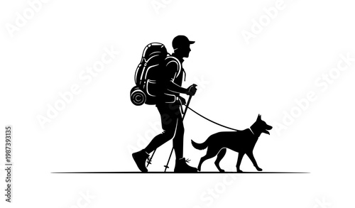 Outdoor Hiker with Backpack and Dog Walking Profile Silhouette Vector Asset