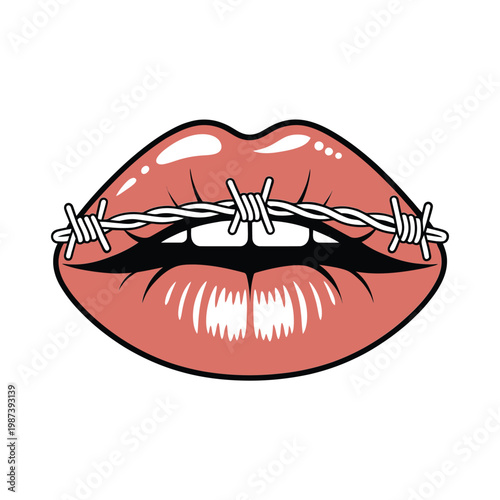A striking illustration depicts red lips with barbed wire replacing the upper teeth