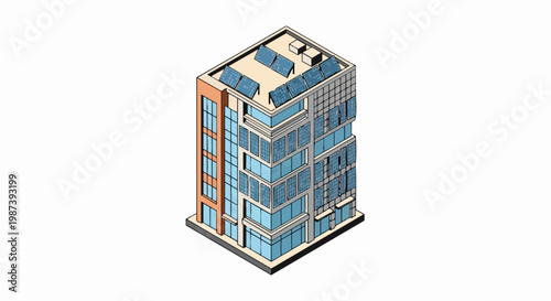 Isometric 3D Illustration of a Sustainable Modern Office Building with Rooftop and Facade Solar Panels for Green Energy Concepts