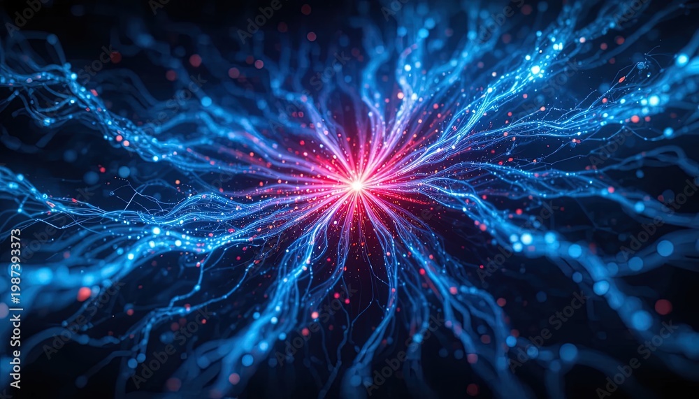 Fototapeta premium Neural Network Burst - Abstract Light Trails Emanating from Central Point