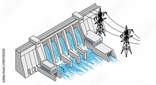 Isometric Hydroelectric Dam Illustration with Power Lines and Water Flow, Renewable Energy Concept for Clean Power Generation