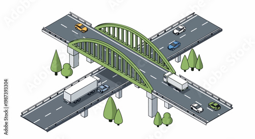 Isometric Highway Bridge and Road Overpass with Traffic Flow of Cars and Trucks, Urban Infrastructure and Logistics Vector Illustration