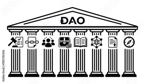 Decentralized autonomous organization building with pillars and icons representing legal, finance, and community.